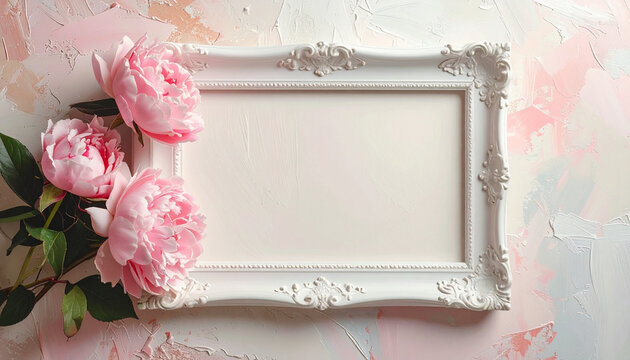 Pink peonies and empty white frame