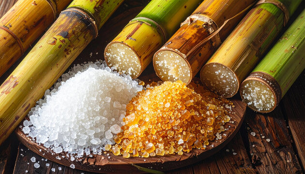 Sugarcane and sugar grains close up