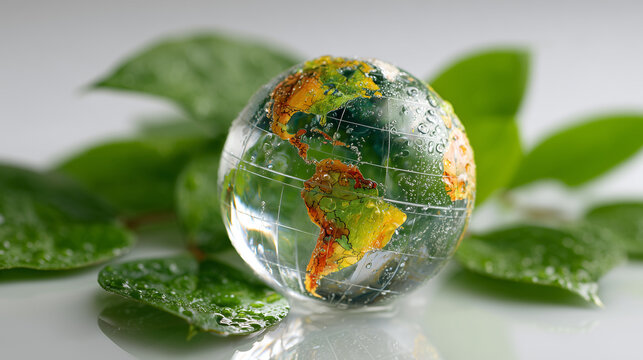 Small Glass Earth Ball on Fresh Leaves with Natural Eco Theme