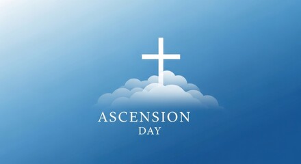 Ascension Day religious background with white cross, Christian holiday celebration banner, holy cross rising above soft clouds on blue sky