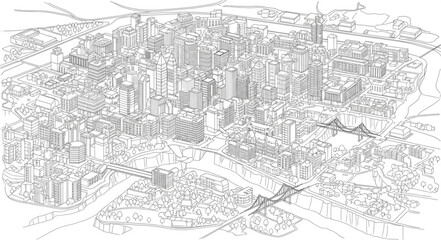 Obraz premium Detailed sketch of a dense urban cityscape with many buildings.