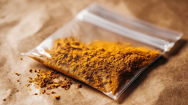 Golden turmeric powder stored in a small transparent plastic ziplock bag resting on rustic brown paper background with soft natural lighting and macro texture detail
