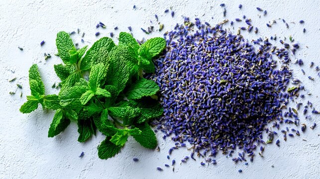 Fresh mint leaves and dried lavender buds arranged on white surface for herbal tea or potpourri