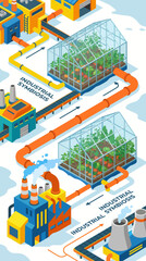 Fototapeta premium Circular economy concept of industrial symbiosis with factories and greenhouses on a snowy landscape