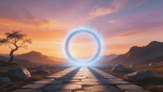 Stone path leading to glowing portal in desert