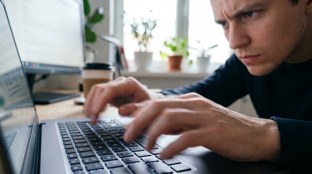 Focused man working intently on his laptop in a home office, hands typing fast with motion blur