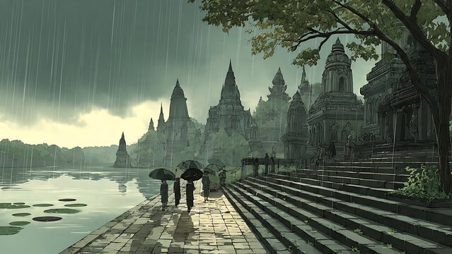 Anime style illustration of male and female figures walking with umbrellas along a wet stone path beside a calm river with ancient temple ruins fading into the mist. Heavy rain falls