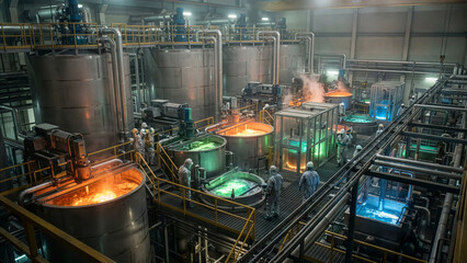 Fototapeta premium Workers in Protective Suits Operating Large Industrial Vats with Glowing Orange and Green Chemical Liquid in Heavy Manufacturing Plant Aerial View Industrial Photography