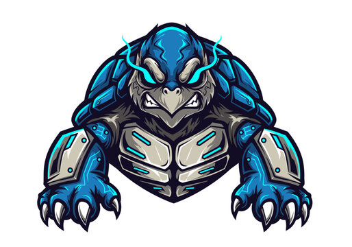 Armored Mecha Turtle Esports Logo with Glowing Cyan Energy