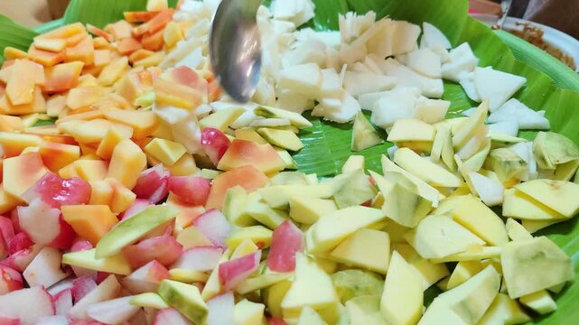 Fresh Mixed Fruit Salad Close Up &ndash; Colorful Tropical Fruits Background