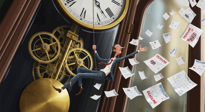 Man overwhelmed by paperwork and deadlines near clock with gears