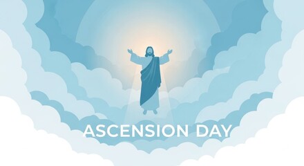 Ascension Day religious illustration, Jesus Christ rising to heaven among blue clouds, Christian holiday banner with divine light and holy spirit