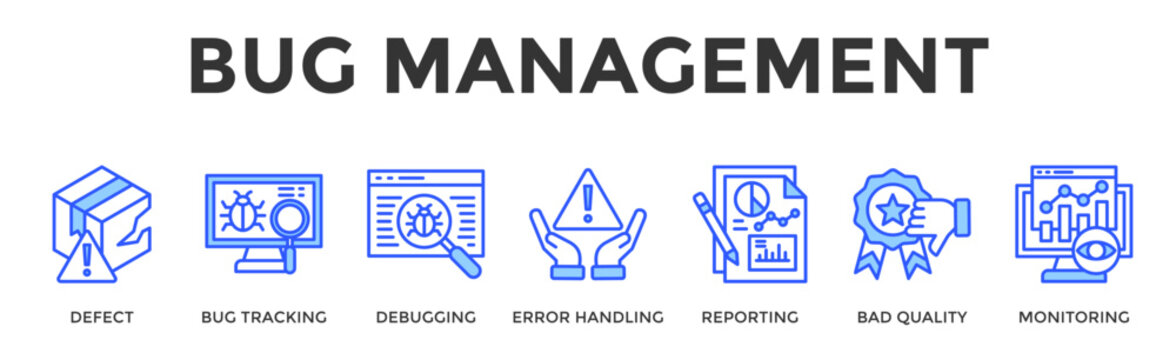 Bug Management  Banner Web  Icon Set Collection Pack Vector Illustration Concept Containing Defect, Bug Tracking, Debugging, Error Handling, Reporting, Bad Quality, Monitoring
