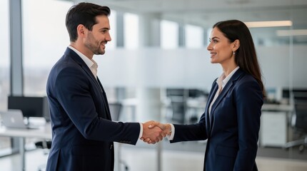 Fototapeta premium Two business professionals smiling and shaking hands in a modern office setting, indicating a successful meeting or agreement.