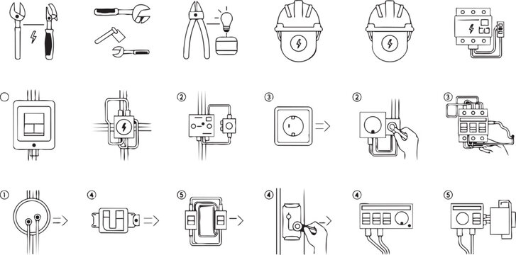 Electrical installation procedure vector diagram set wiring system illustration isolated on white background
