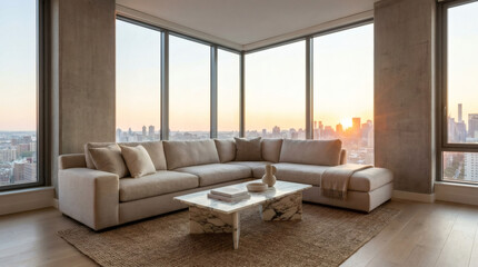 Fototapeta premium Corner living room with sofa and panoramic city skyline view.