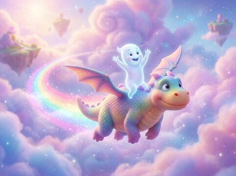 A whimsical flight dragon unicorn and ghost in a pastel sky