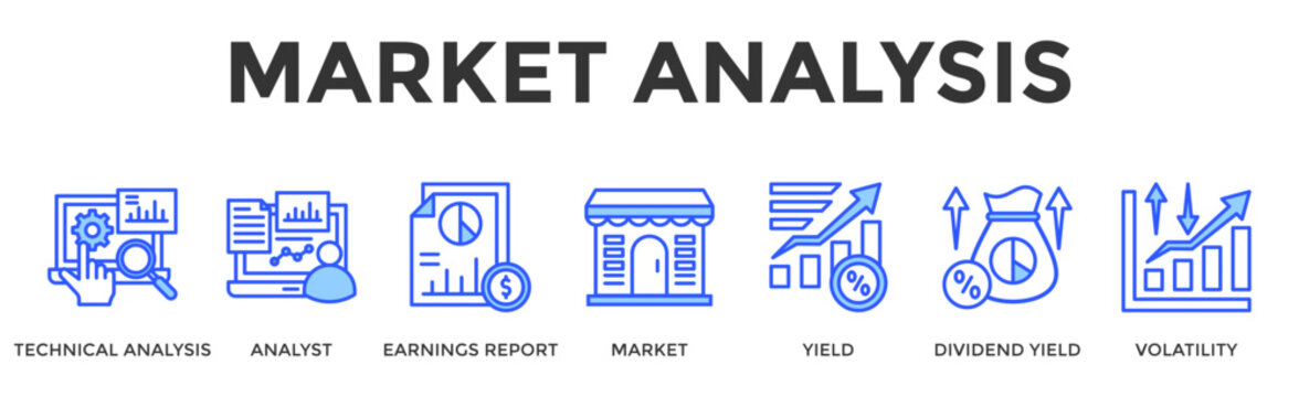 Market Analysis  Banner Web  Icon Set Collection Pack Vector Illustration Concept Containing Technical Analysis, Analyst, Earnings Report, Market, Yield, Dividend Yield, Volatility
