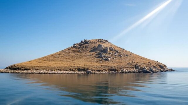 Small conical island with dry grass and s surrounded by calm blue sea under a clear sky