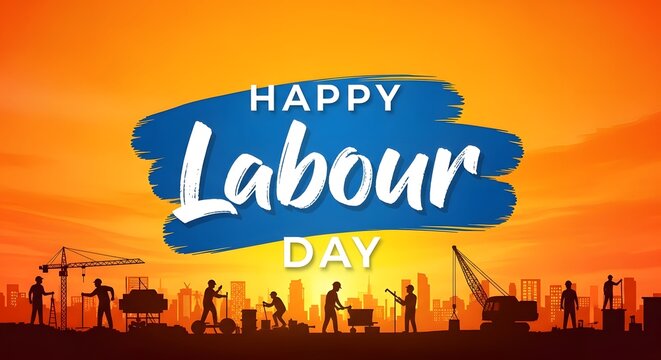 Happy Labour Day Celebration with Construction Workers Silhouette at Sunset