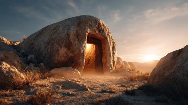 The Stone Tomb under the Sunlight - Ancient Cave Entrance and Holy light. ..Created with Generative AI, not depicting real subjects.