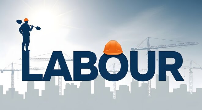 Labour Day Graphic with Construction Worker and City Skyline