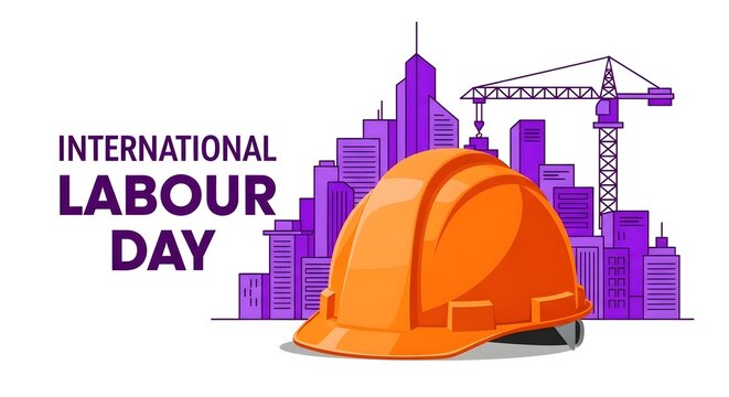 International Labour Day illustration with hard hat and cityscape