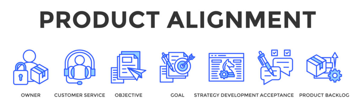 Product Alignment  Banner Web  Icon Set Collection Pack Vector Illustration Concept Containing Owner, Customer Service, Objective, Goal, Strategy Development, Acceptance, Product Backlog
