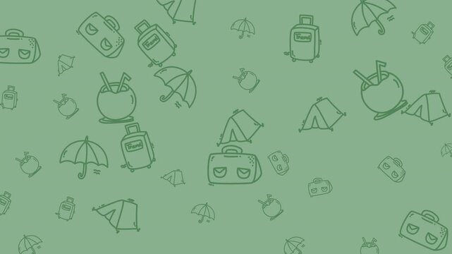 Green camping and travel icons pattern, suitable for outdoor and adventurethemed designs, such as posters, websites, and promotional materials.