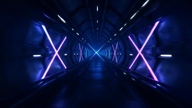 Abstract neon tunnel, futuristic blue and purple light corridor with glowing x shape, dark sci fi interior, symmetrical perspective, neon glow, empty passage, motion blur, abstract background