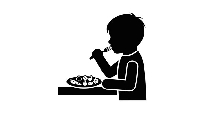 Black silhouette icon of a child eating food with a fork at a table.