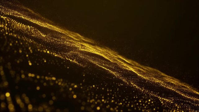 Dynamic flowing golden particles on black abstract background with copy space
