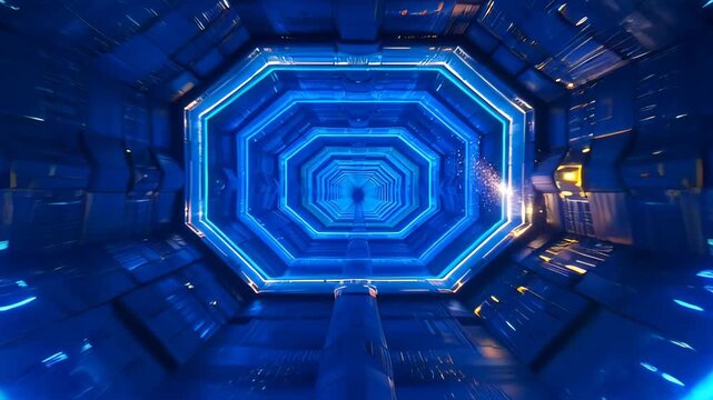 Blue Neon Tunnel Futuristic Octagon Corridor Glowing Light Digital Depth Abstract Perspective Cyber Space Technology Background