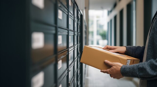 Person retrieving parcel from package locker in residential lobby