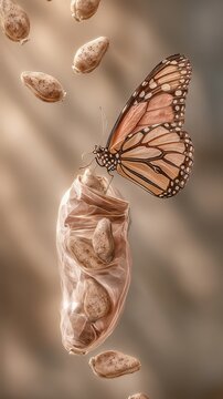 Business in Illustration Close-up of Monarch butterfly emerging from chrysalis with floating pupae in background deep work focus business illustration