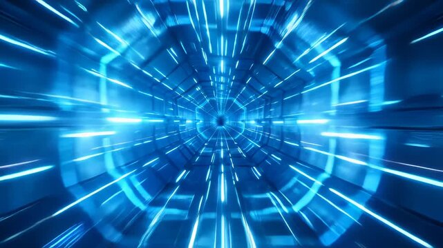 Futuristic blue light tunnel with glowing motion blur, abstract digital technology background, speed vortex, sci fi corridor, glowing light streaks, futuristic background
