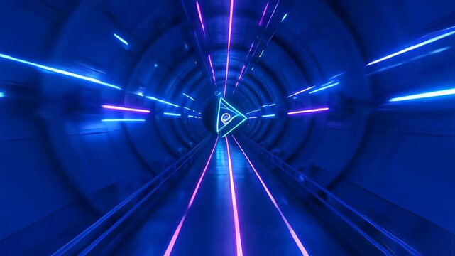 Neon blue futuristic tunnel with glowing light lines, magenta beams, spiral corridor, circular motion blur, abstract technology background, dark corridor, blue and purple light effects