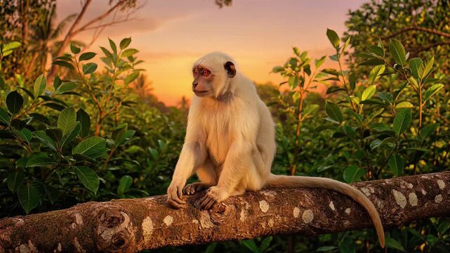 Albino monkey sitting on tree branch