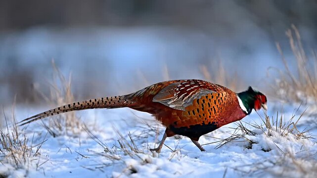 Ringneck pheasant walking through snow in winter field