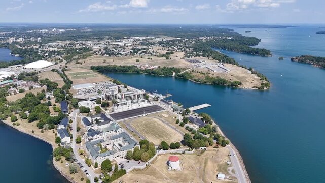 Aerial view of Kingston waterfront and Fort Henry, Ontario, Canada with harbor, marina and cityscape on sunny day. g.