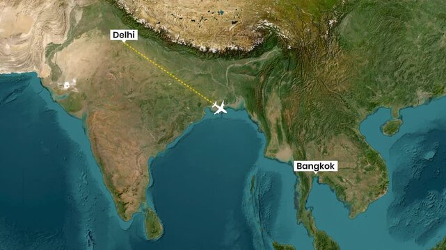 animated airplane travels from Delhi to Bangkok across the Asia map video clip