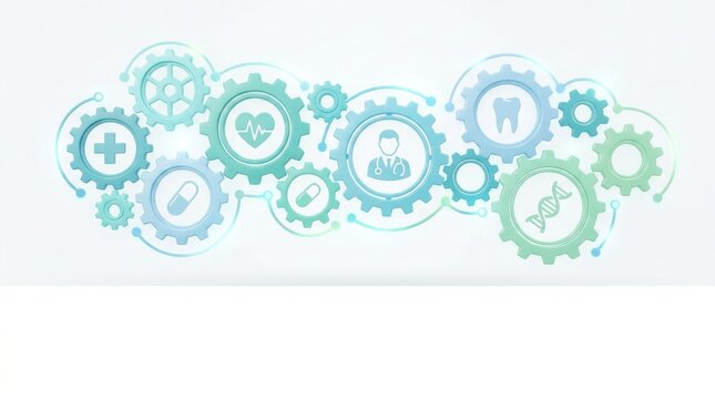 Healthcare mechanism concept. Medical Healthcare Mechanism Concept with Interlocking Gears and Clinic Icons, Clean White Background with Copy Space