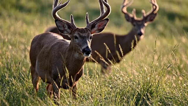 Two majestic male animals with large antlers graze peacefully in a sunlit grassy field during the golden hour, creating a serene natural scene