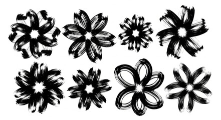 Obraz premium Collection of black ink brush stroke flowers isolated on white.