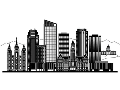 Salt Lake City Utah Skyline Silhouette Black and White Illustration with Iconic Landmarks and Wasatch Mountains