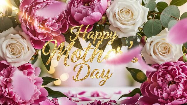 lush floral frame with peonies and roses, happy mother's day message, falling petals, celebration, warm lighting, spring greeting