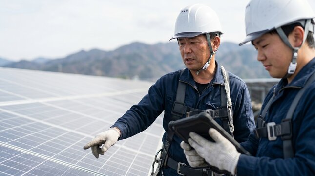 日本人のベテランと20代男性の電気工事士が太陽光パネルの点検と若手育成のため設備を指差して指導する様子、タブレットを手に持つ作業着姿