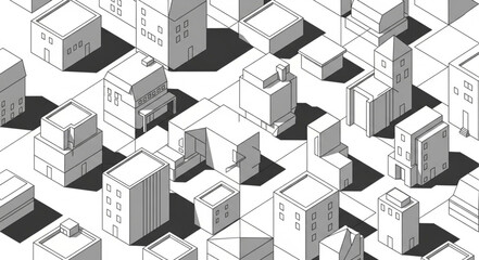 Isometric illustration of a city block with many buildings and shadows. © Diki