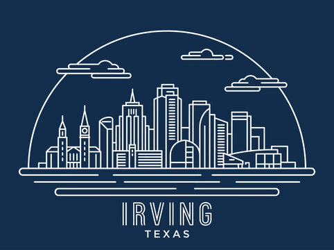 Irving Texas City Skyline Line Art Vector Illustration - Modern Minimalist Urban Landscape Design on Dark Blue Background
