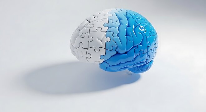 Human brain puzzle constructed from interlocking blue and white segments sits on a neutral background. Sharp focus highlights anatomical texture. Ideal for mental health awareness campaigns.